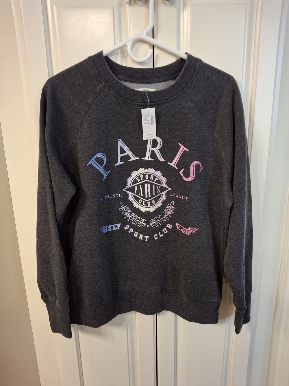 Maurices Charcoal Paris Graphic Sweatshirt with Pastel Blue & Pink Letters
